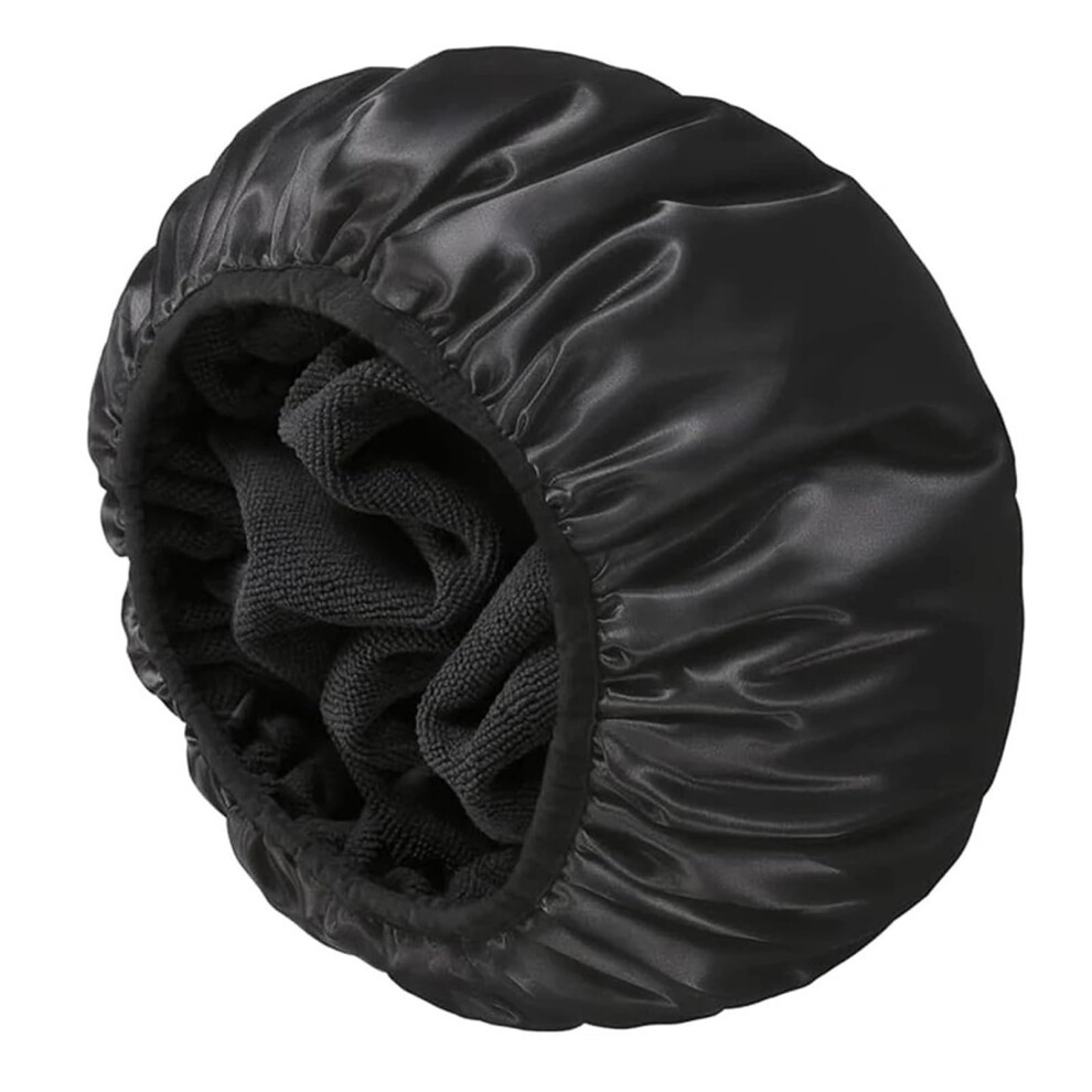 Black Large Waterproof Shower Cap For Thick Hair, Reusable Satin With Terry Cloth Lining