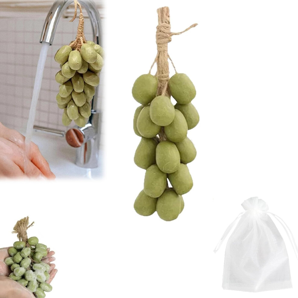 Green Handmade Soap On A Rope With Realistic Grape Cluster, Cold Process Fruit Decorative Bath Gift, 20