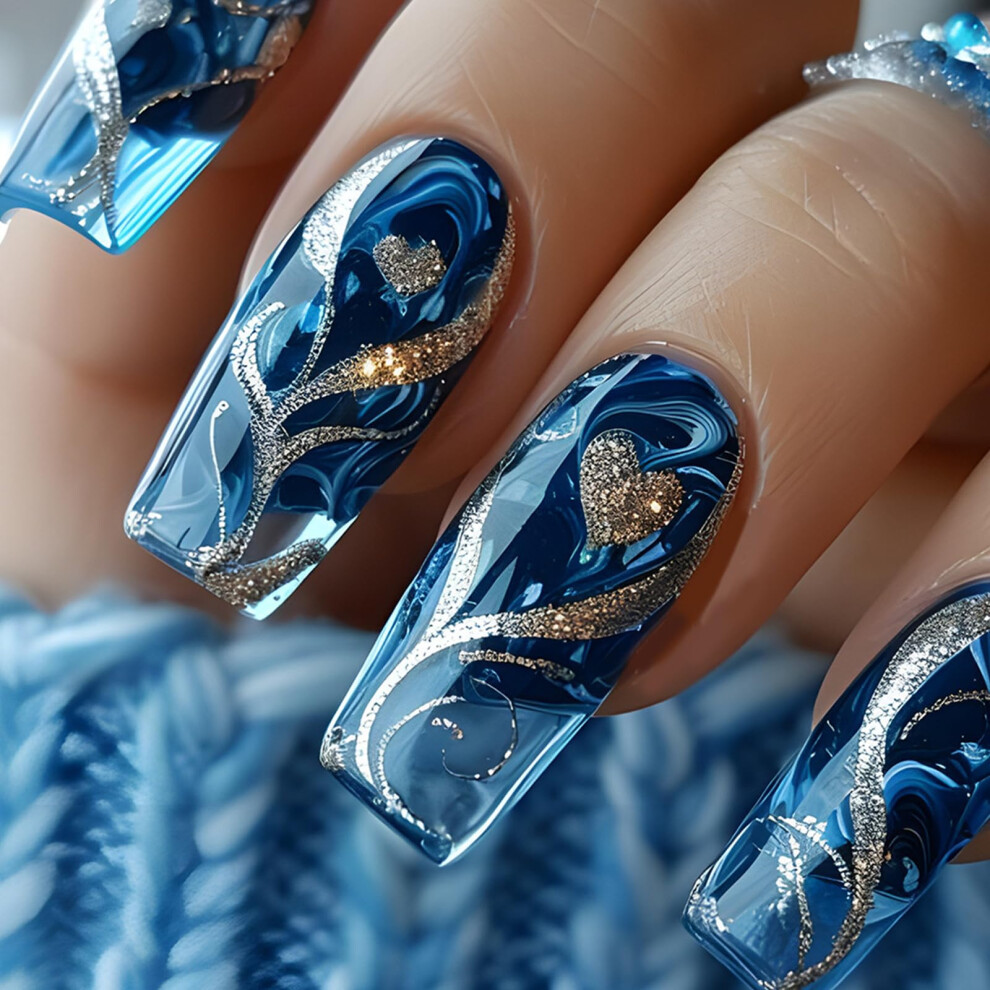 24PCS Long Coffin Press On Nails Blue with Gold Glitter Heart Acrylic Full Cover for Instant Salon Look