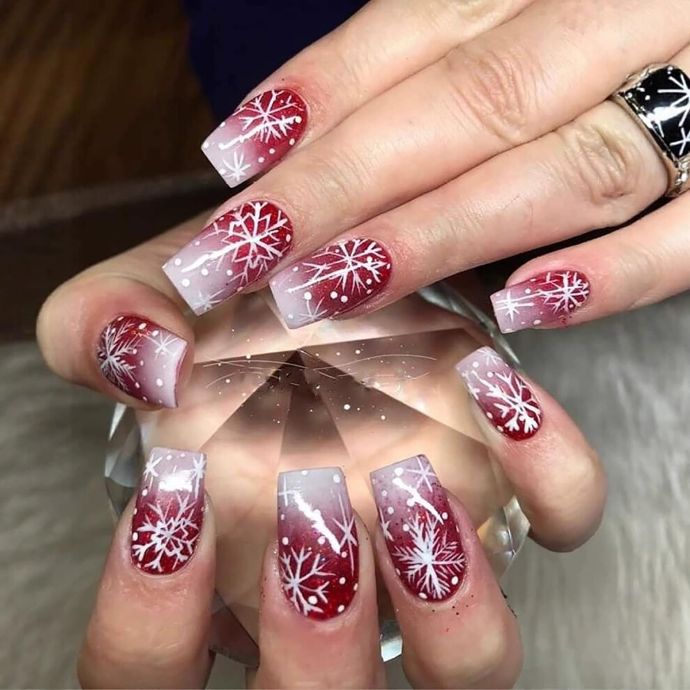 Christmas Press on Nails Red White Gradient Fake Nails with Festive Snowflake Designs 24 Pcs