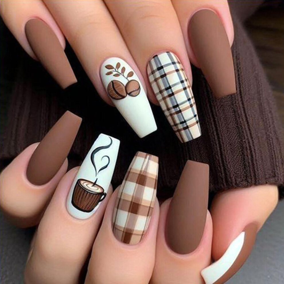 Brown 24Pcs Long Coffin Press On Nails Matte Autumn Style False Nails With Adhesive For Women