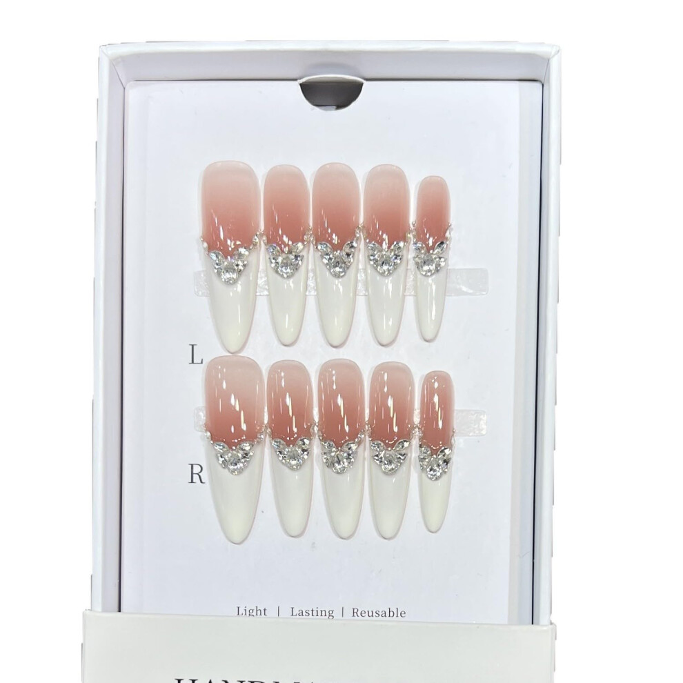 Long Almond French Manicure False Nails with Rhinestones, Glossy Stiletto Press On Set with Tools