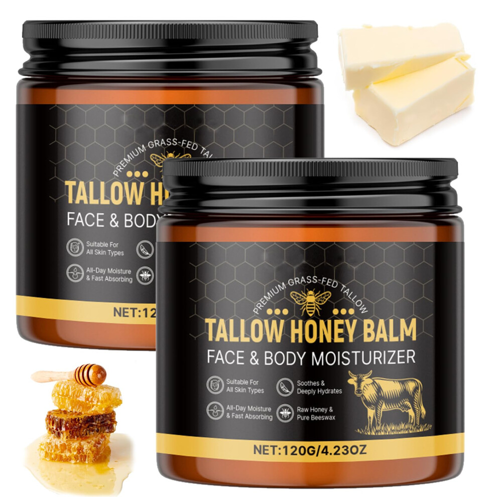 Organic Beef Tallow Face Balm with Honey 2PC, Grass Fed Moisturizer for Deep Hydration and Soothing