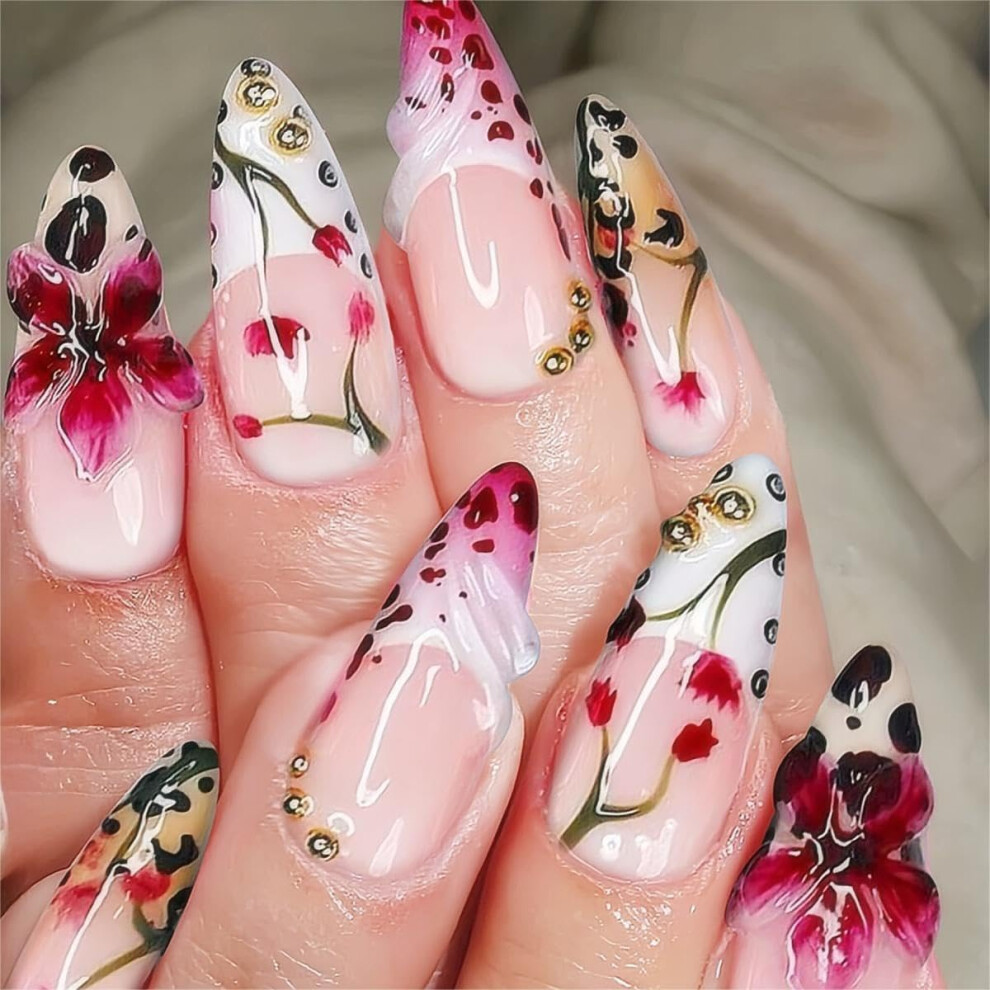 Press On Nails Medium Almond Shape Leopard Print 24pcs Instant Salon Look for Women Girls