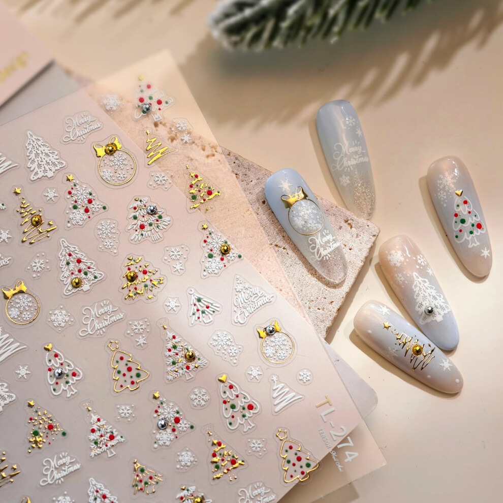 Gold 5D Embossed Christmas Nail Stickers With Xmas Tree And Snowflake Decals, Selfadhesive Festive Nail Art For Women Girls