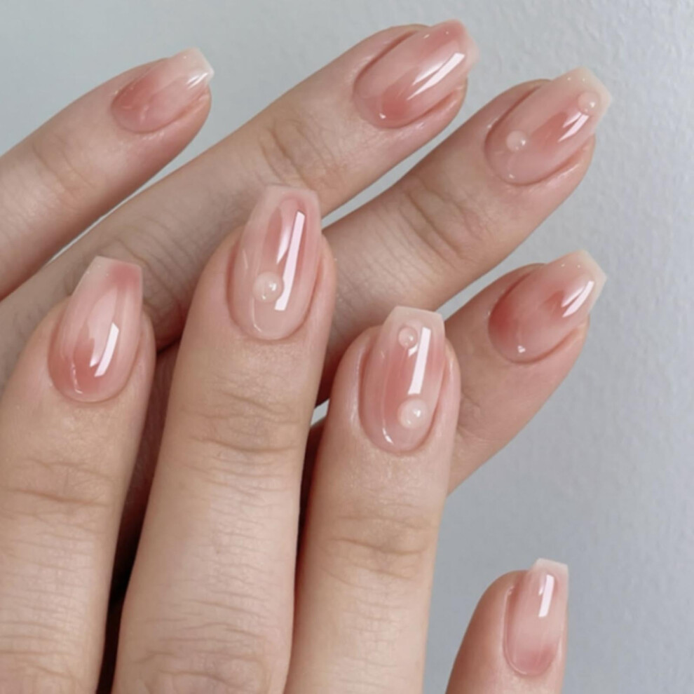 Cream Short Coffin Press On Nails Nude Gradient Glossy Full Cover Fake Nail Set With Jelly Glue 24Pcs