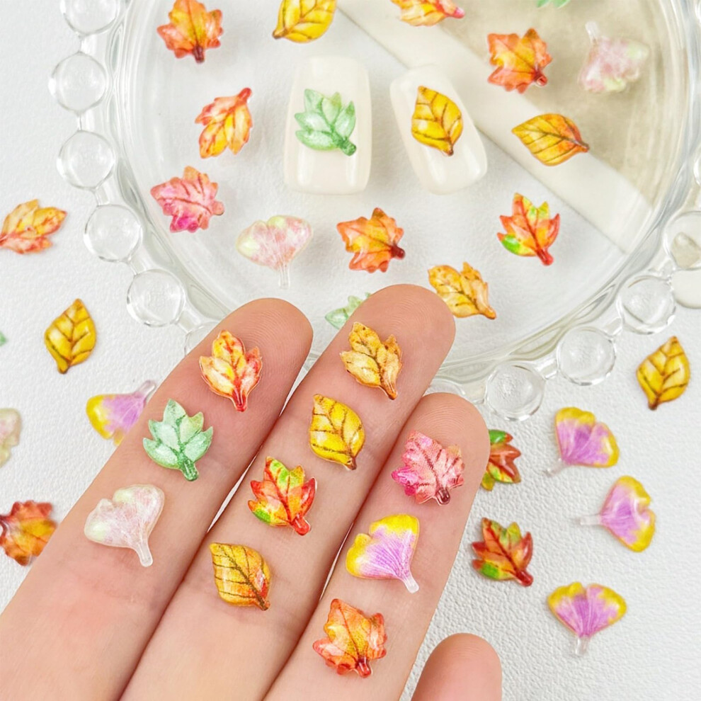 100pcs Fall Nail Art Charms Thanksgiving Maple and Ginkgo Leaf Decorations Colorful Resin Designs
