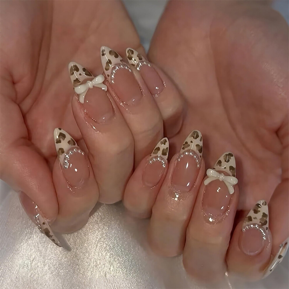 24pcs Almond French Tip Leopard Press On Nails with Bow Reusable Acrylic False Nail Set