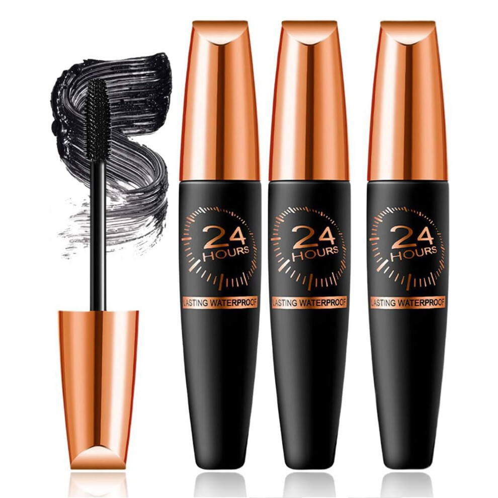Black Waterproof 4D Silk Fiber Lengthening Mascara Long Lasting Smudge Proof Curling Lash Set 3Pcs