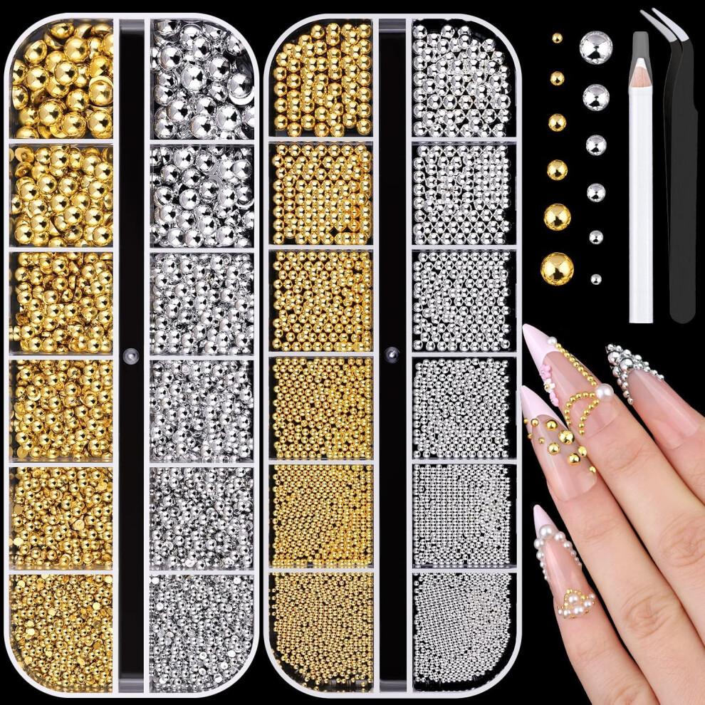 Silver/Gold Nail Art Pearls And Metal Beads Set, Flatback Caviar Beads For Acrylic Nail Decoration