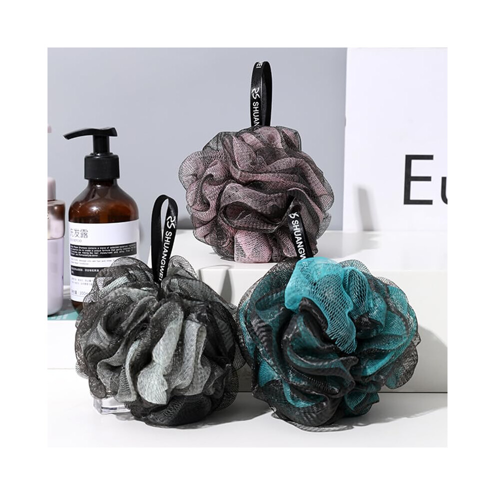 Bath Shower Loofah Sponge Pouf Set of 3 Black Pink Green Body Scrubber for Gentle Exfoliation