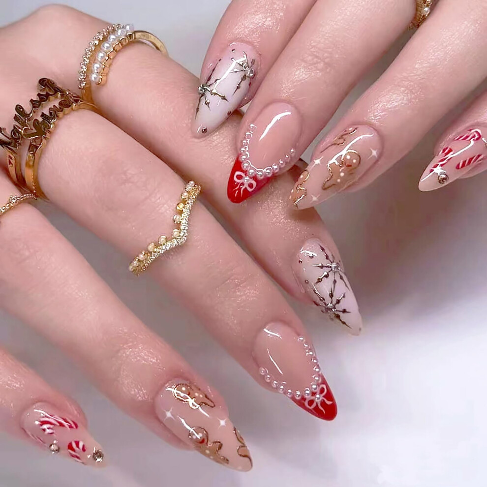 Christmas Almond Press On Nails Set with Gingerbread Snowflake Design, 24pcs Medium Glossy Fake Nails