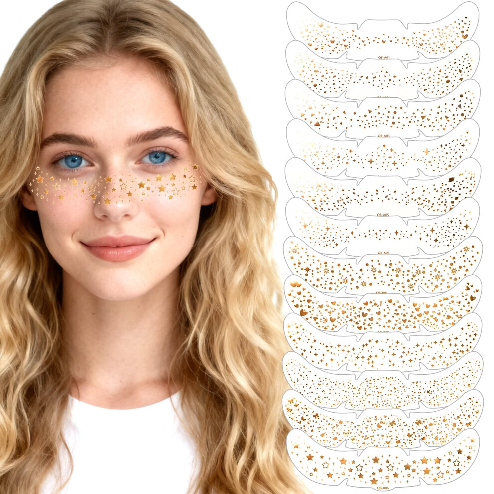 Gold 12 Pcs Waterproof Glitter Face Stickers With Freckles Tattoos For Festival, Rave, Halloween