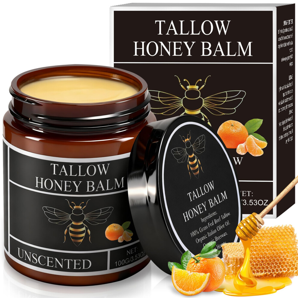 Grass Fed Tallow Balm with Honey for Deep Hydration and Overnight , 3.53 oz