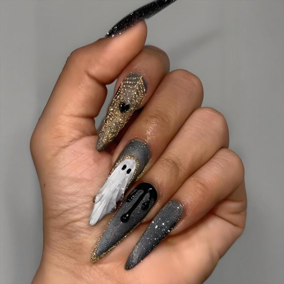 Gold Halloween Press On Nails Long Stiletto Fake Nails Glitter Spider Web Design Reusable 24Pcs