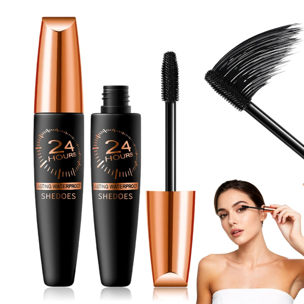 2PCS Waterproof Lengthening 4D Silk Fiber Mascara with Metal Wand for Curl and Volume