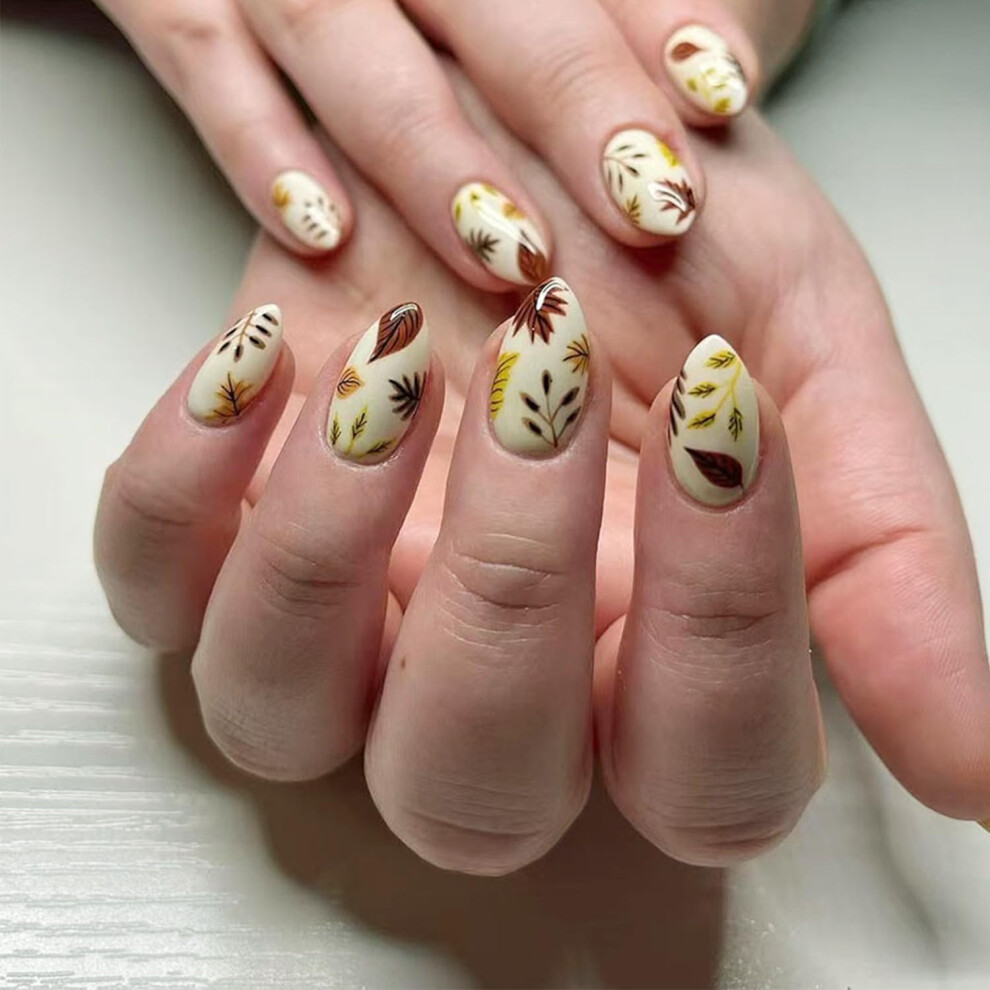 Cream 24Pcs Autumn Maple Leaf Press On Nails Thanksgiving Almond Shape Fake Nails Glossy Fall Reusable Manicure Kit
