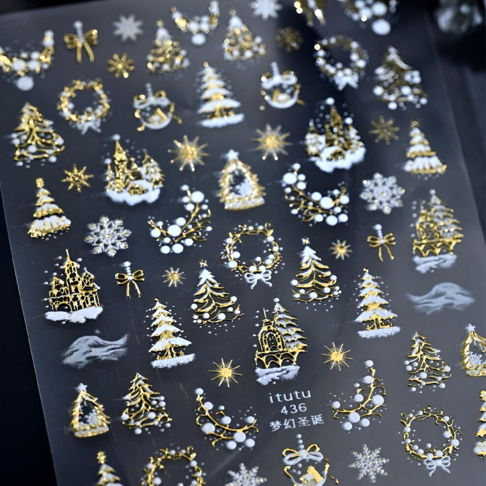 Gold Christmas Nail Stickers 5D Embossed Snowflake And Xmas Tree Selfadhesive Nail Art Decals