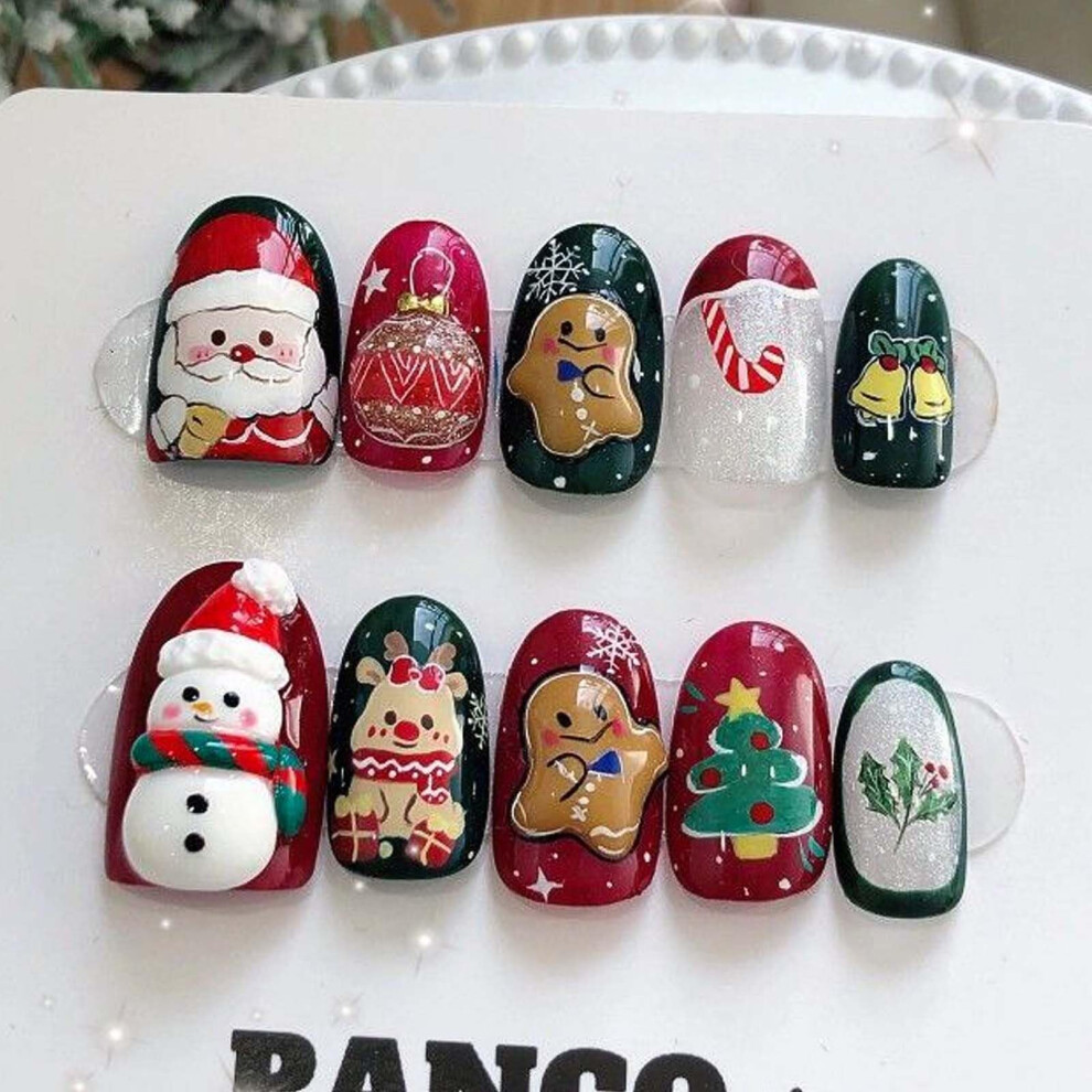 Christmas Press On Nails Almond Shape Fake Nails with Glue Gingerbread Santa Snowman Tree 24Pcs