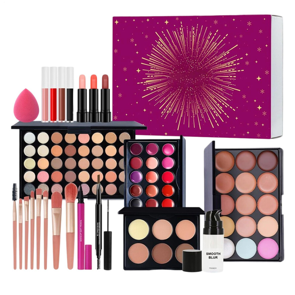Beginner Makeup Kit with Eyeshadow Palette Lipstick Brush, Complete Cosmetic Gift Set for Women Girls Teens
