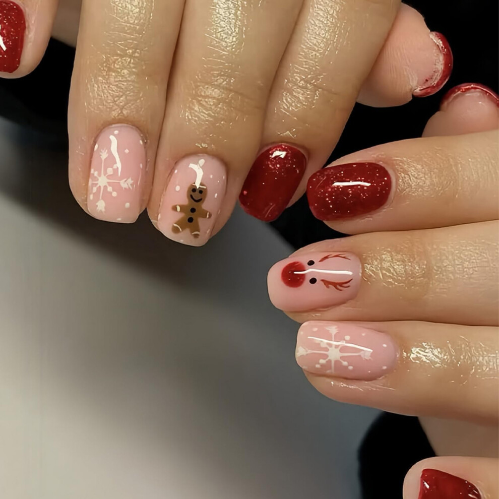 Red Christmas Press On Nails Set Glitter Snowflake Short Square Fake Nails Reusable 24Pcs