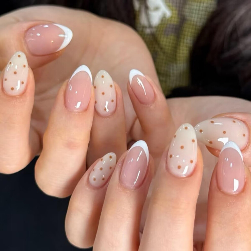 Polka Dot Almond Press On Nails Fake French Tip Acrylic Reusable Full Cover 24pcs for Women