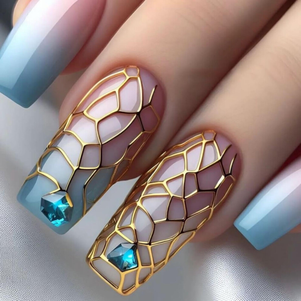 Blue,Pink,Gold Long Coffin Press On Nails Gradient Blue Ombre Pink Glossy Reusable False Nails With Gold Line 24Pcs