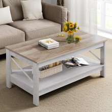 YITAHOME Coffee Table, Living Room Table, 2-Tier Thick Wood, Rectangular Coffee Table, X-Shape Metal Side Support, Sturdy, 100 x 55.3 x 45 cm (White +