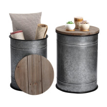 RUSTOWN Farmhouse Accent Side Table, Rustic Storage Ottoman Seat Stool, Galvanized Antique Metal End Table Box Bin with Round Wood Lid, Coffee or