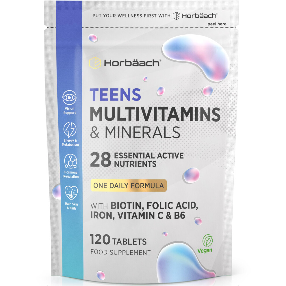 Horbã£Â¤Ach Teen Multivitamin | 120 Vegan Tablets | One-A-Day Formula | 28 Nutrients With Biotin, Folic Acid, Iron, Vitamin C & B6 | Multivitamin Support For