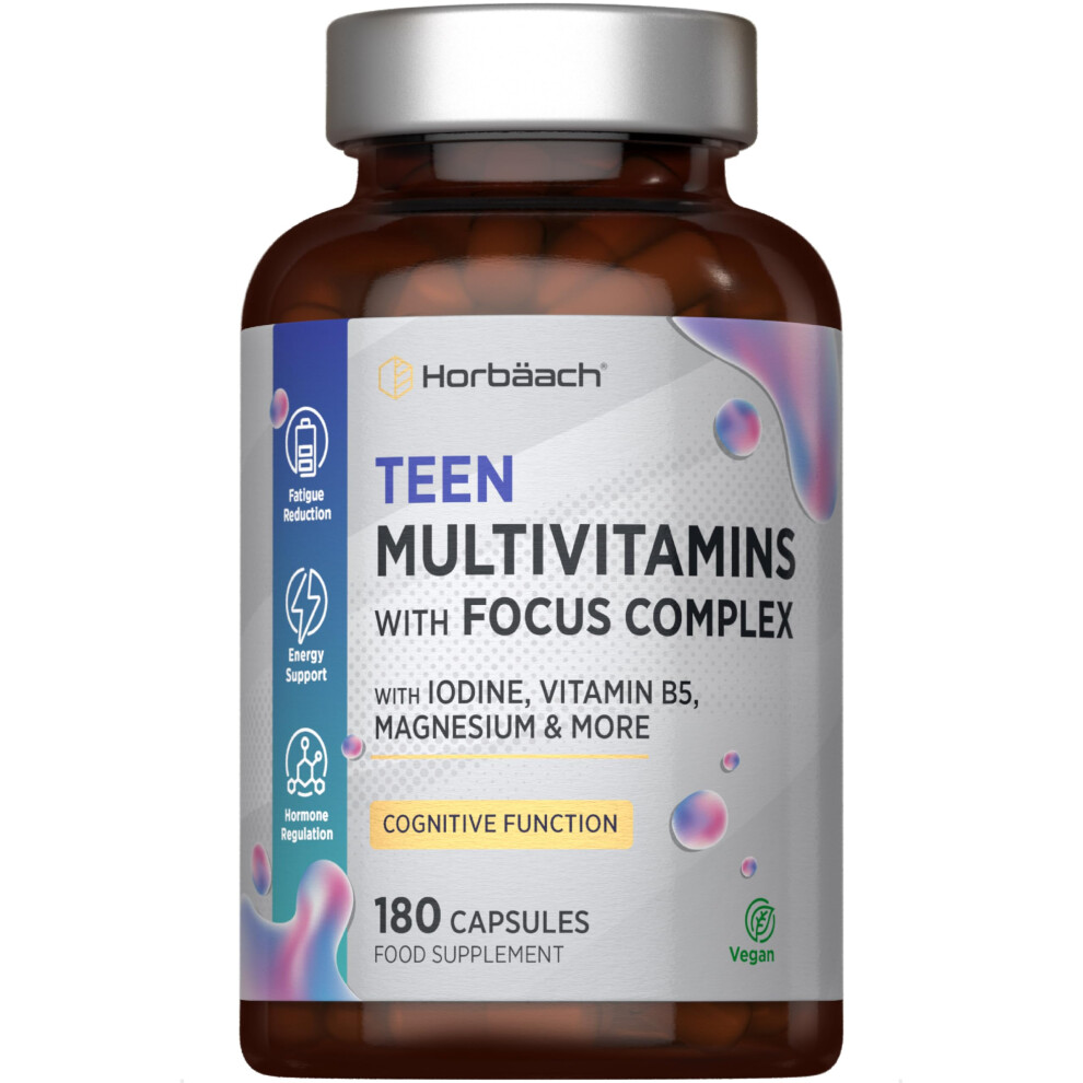 Horbã£Â¤Ach Teen Multivitamin With Focus Complex | 180 Capsules | High Strength Complex With Vitamin B6, B5, Magnesium, Iron And Zinc | Vegan Supplement For Teens