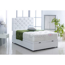 Comfy Deluxe LTD Faux Leather Ottoman Divan Bed Side Lift Open With Chesterfield Headboard Gas Lift Opening Bed (White, 4.0FT Small Double)