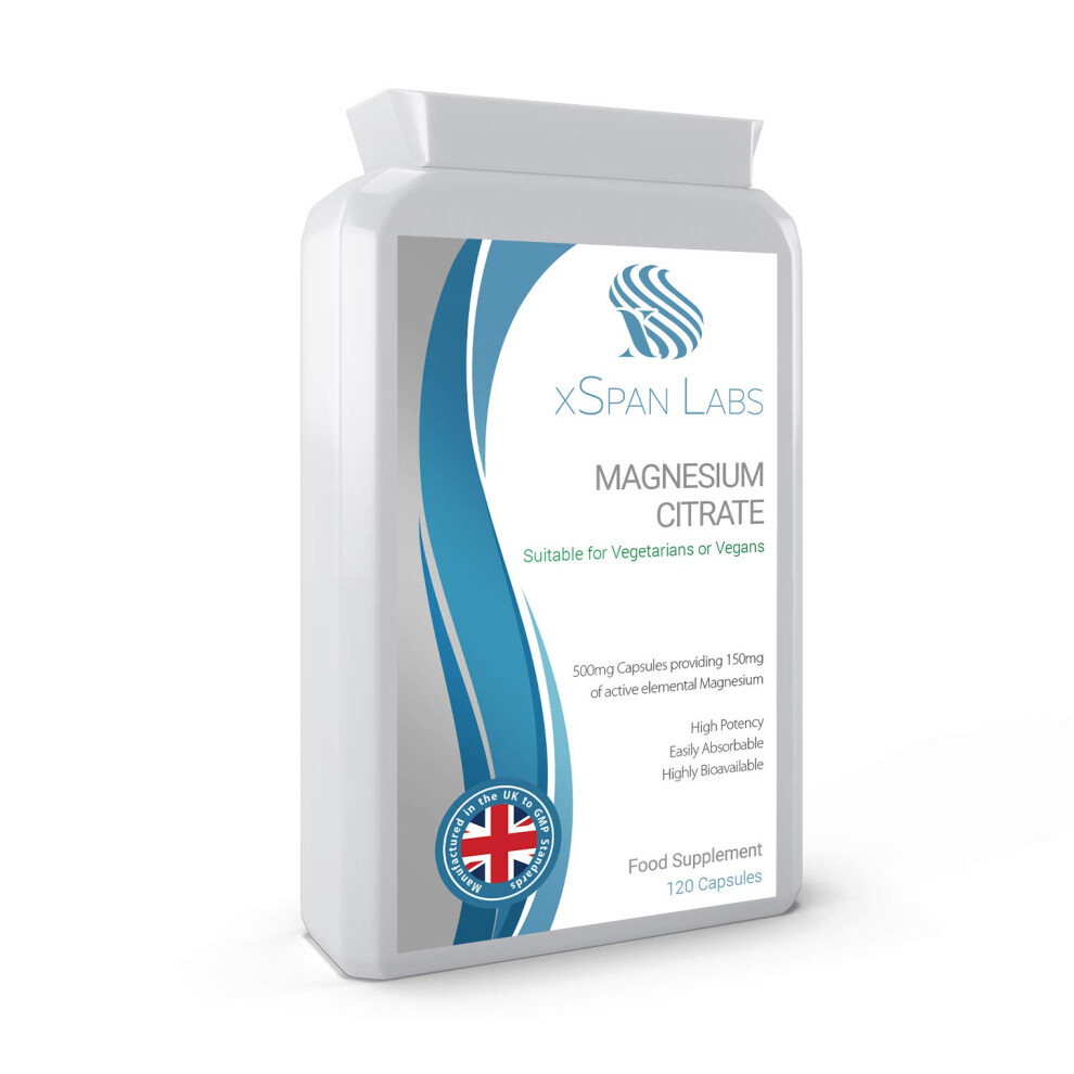 Xspan Labs Magnesium Citrate 500Mg 120 Capsules - Providing 150Mg Of Active Elemental Magnesium - High Potency - Easily Absorbable - Highly Bioavailable - Uk