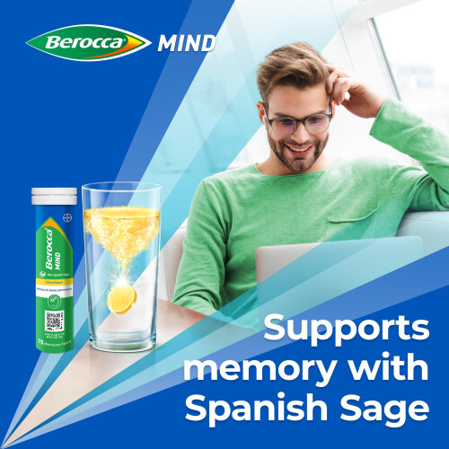Berocca Mind Effervescent Tablets Including B Vitamins, with Spanish Sage to Support Memory and Mental Performance - 15 Tablets - Citrus Flavour 2