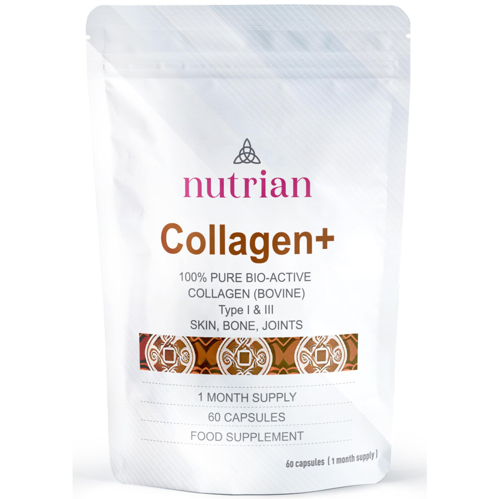 Nutrian Collagen+ | 1200Mg Bio-Active Hydrolysed 100% Bovine Collagen Peptides | Grass-Fed, Halal Certified, Made In Uk | Type I & Iii | Skin, Hair, Nails &
