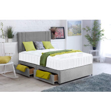 Plain Velvet Divan Bed with Orthopaedic Memory Foam Mattress and 20 INCH Savannah Vertical Two-LINE HEADBOARD!!! (Silver, 4FT - 2 Drawer Same Side)
