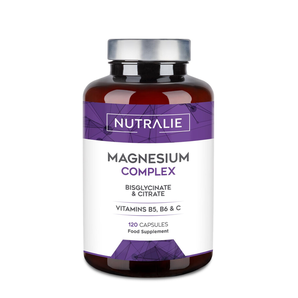 Nutralie Magnesium Glycinate Complex - 2145Mg Bisglycinate + Citrate - Magnesium Supplements - Vitamins B5 + B6 + C - 120 Capsules Vegan