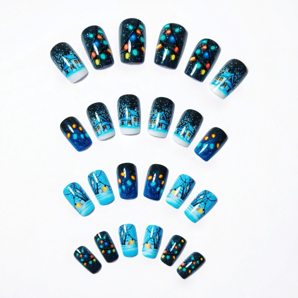 Christmas Press On Nails Set 24 Pieces Reusable Fake Nails with Festive Patterns for Holiday Party