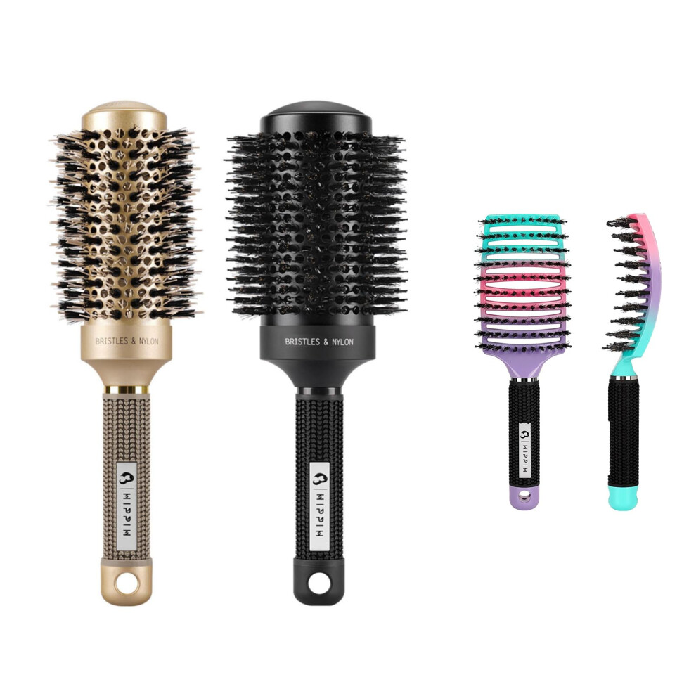 Boar Bristle Hair Brush Set of 2, Ceramic Ionic Round Blow Dry Brush for Smooth Styling