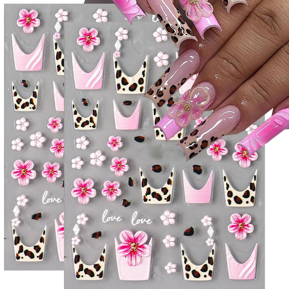 Christmas 5D Embossed Nail Art Stickers Set Leopard Print Flower Decals for DIY Manicure 2Pcs