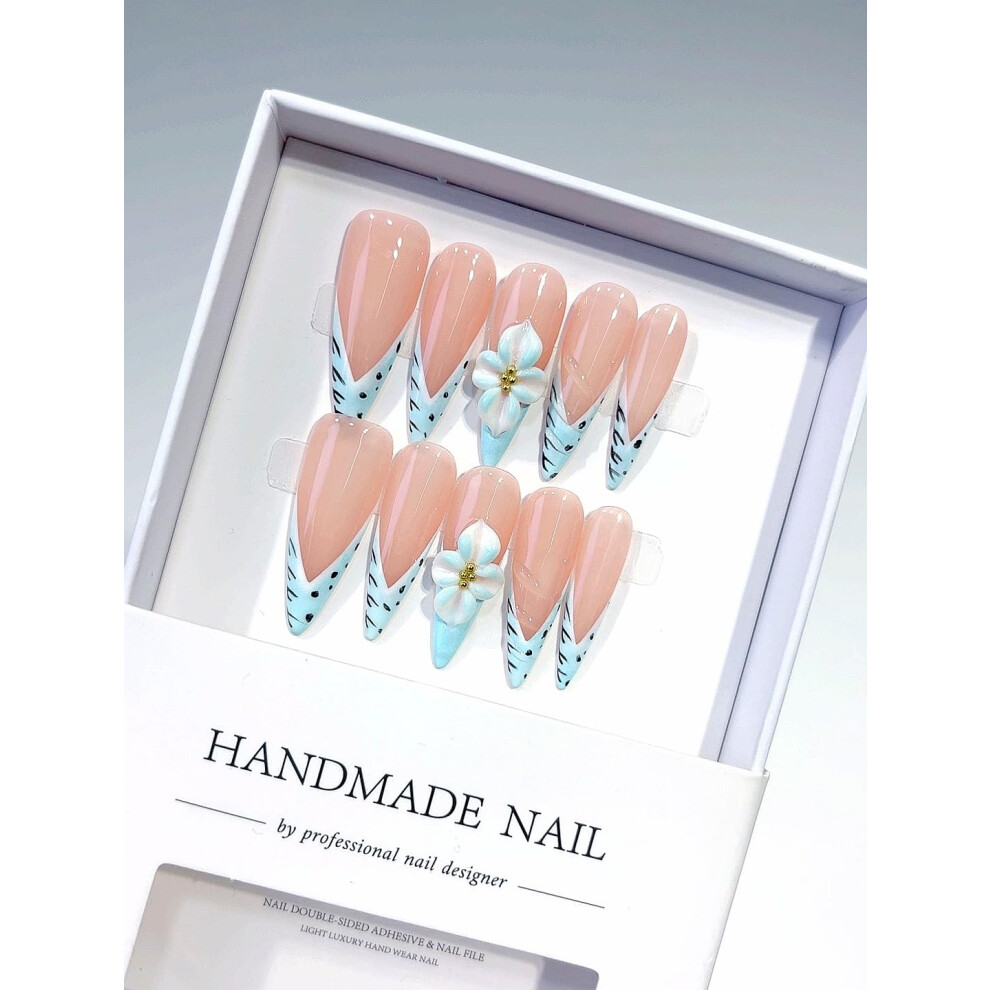 Long Almond Press On Nails with 3D Floral Design, Shimmery Peach Blue Tips, Reusable Set of 10