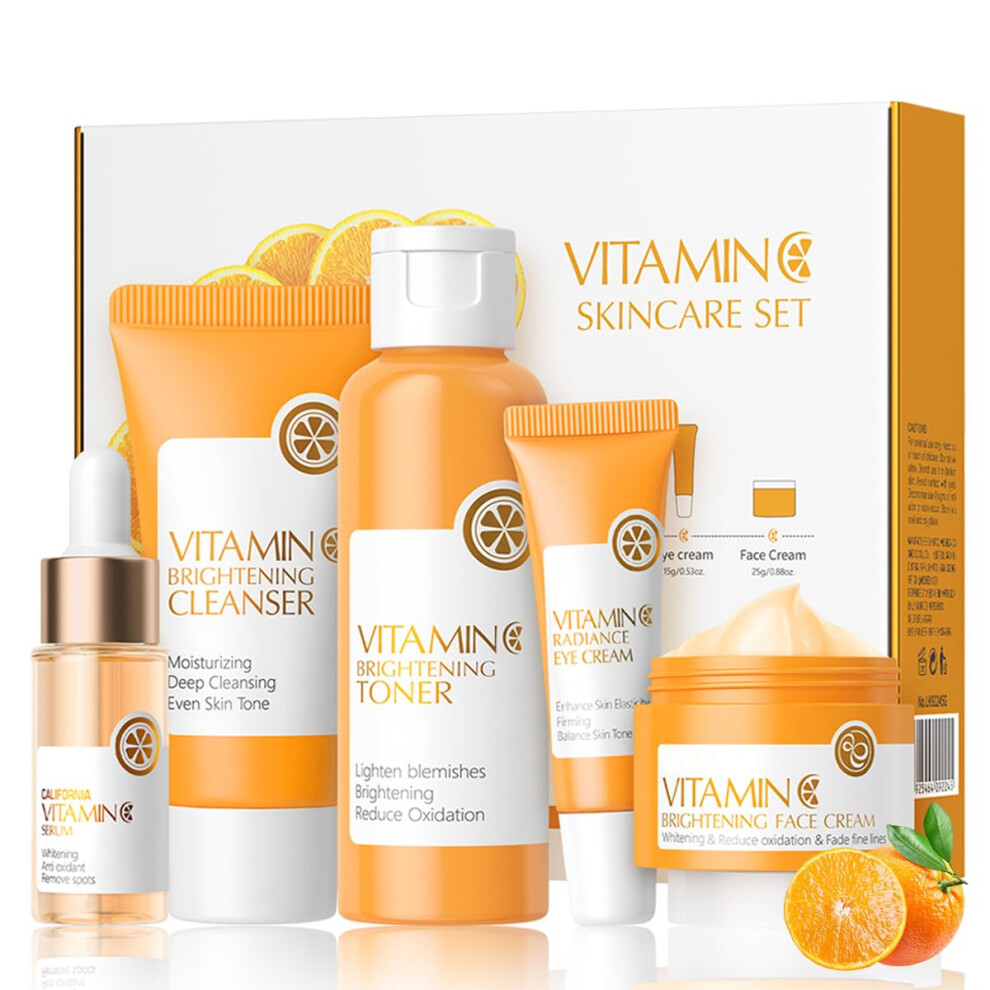 Cream 5Pcs Vitamin C Skincare Set, Antiaging Face Care Kit With Cleanser Toner Serum Eye And Moisturizer