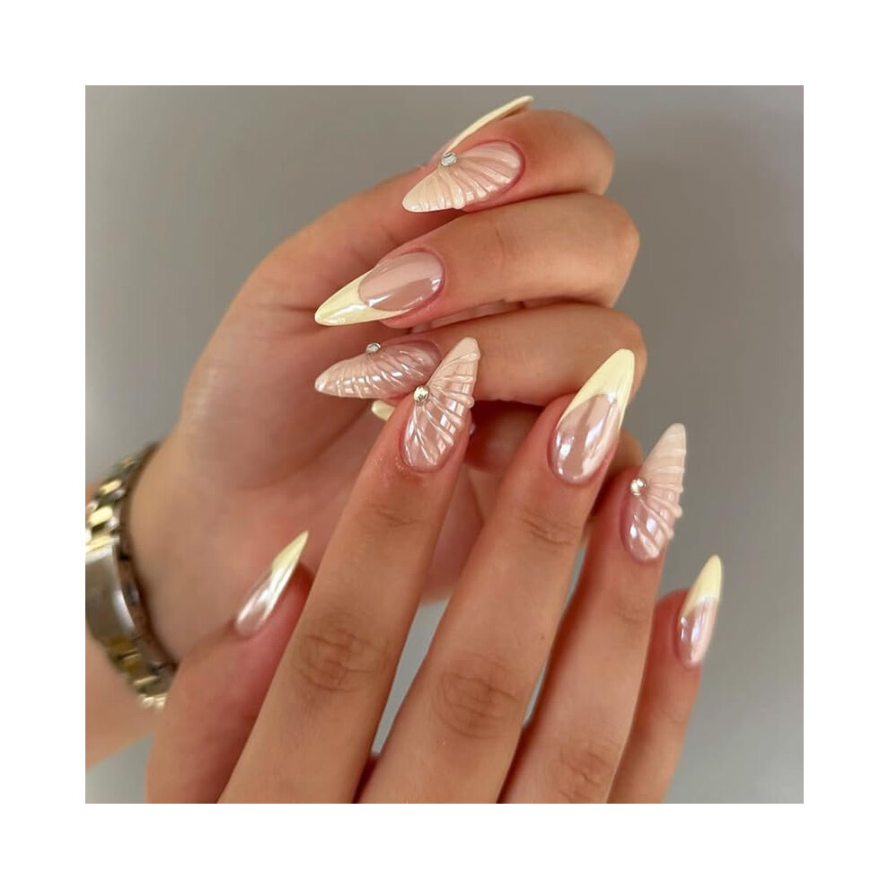 Artificial Nails with Bold Multicolor Swirl and Gold Tip Accent, Reusable Almond Shape Press On Nails