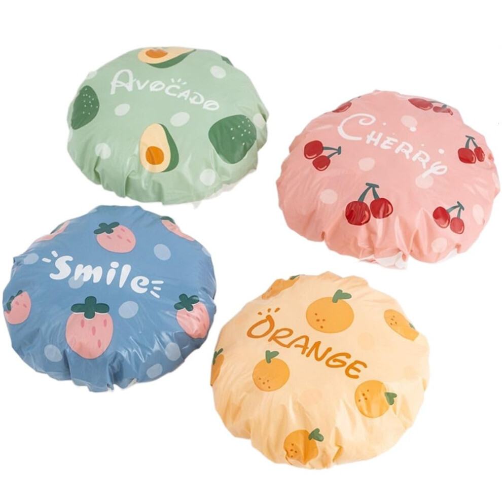 4Pcs Waterproof Shower Cap for Women, Reusable Elastic Bath Cap with Cute Cartoon Fruit Pattern