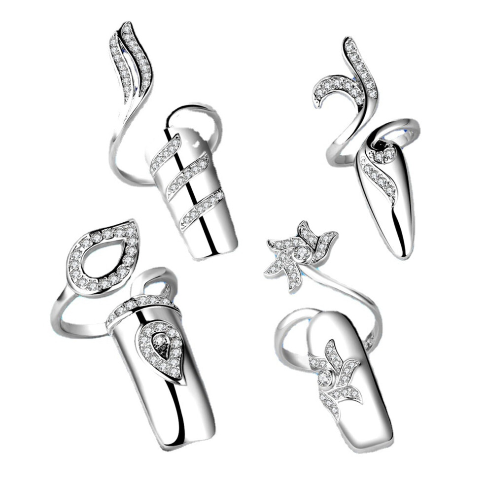 Silver 4Pcs Adjustable Alloy Nail Rings With Sparkling Rhinestones For Wedding Party Women