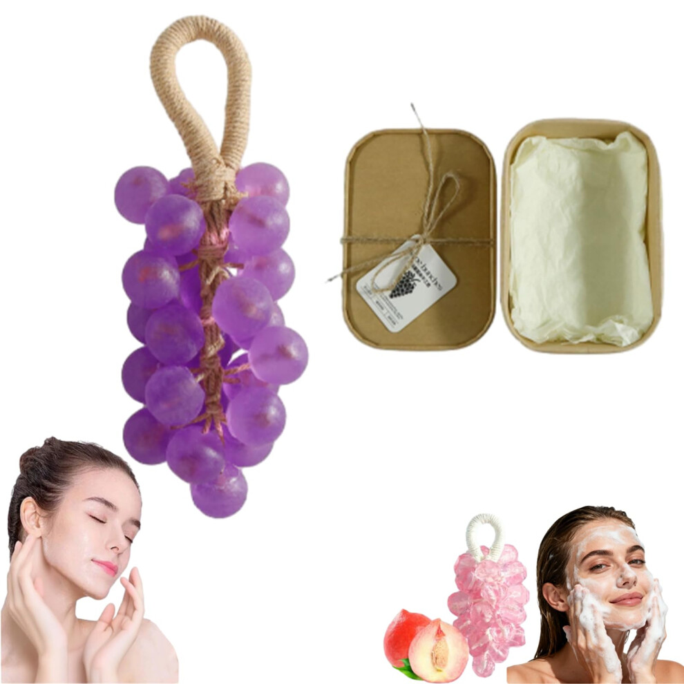 Handmade Grape Soap on a Rope with Decorative Design, Gentle Skin Cleansing, Gift Boxed Set