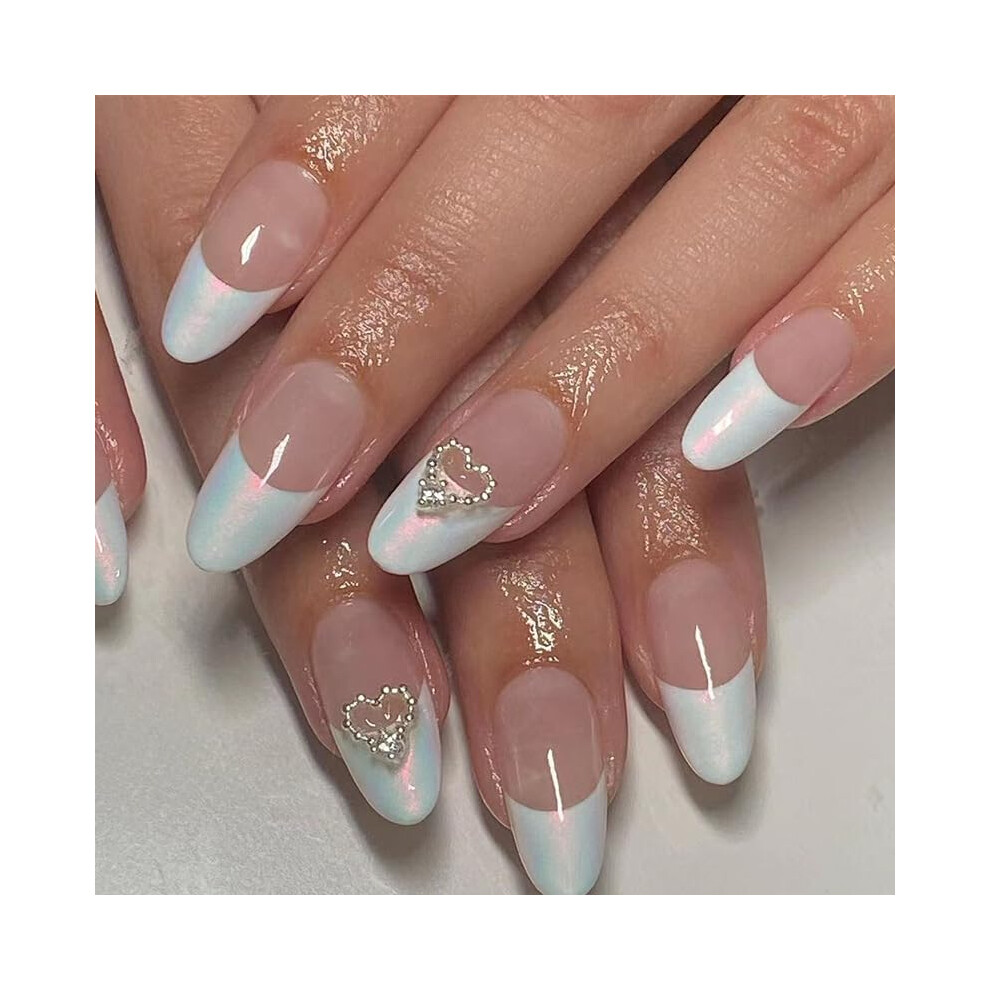 Artificial Nails Almond Shape French Manicure with Rhinestone Heart Bold Swirl Reusable Set