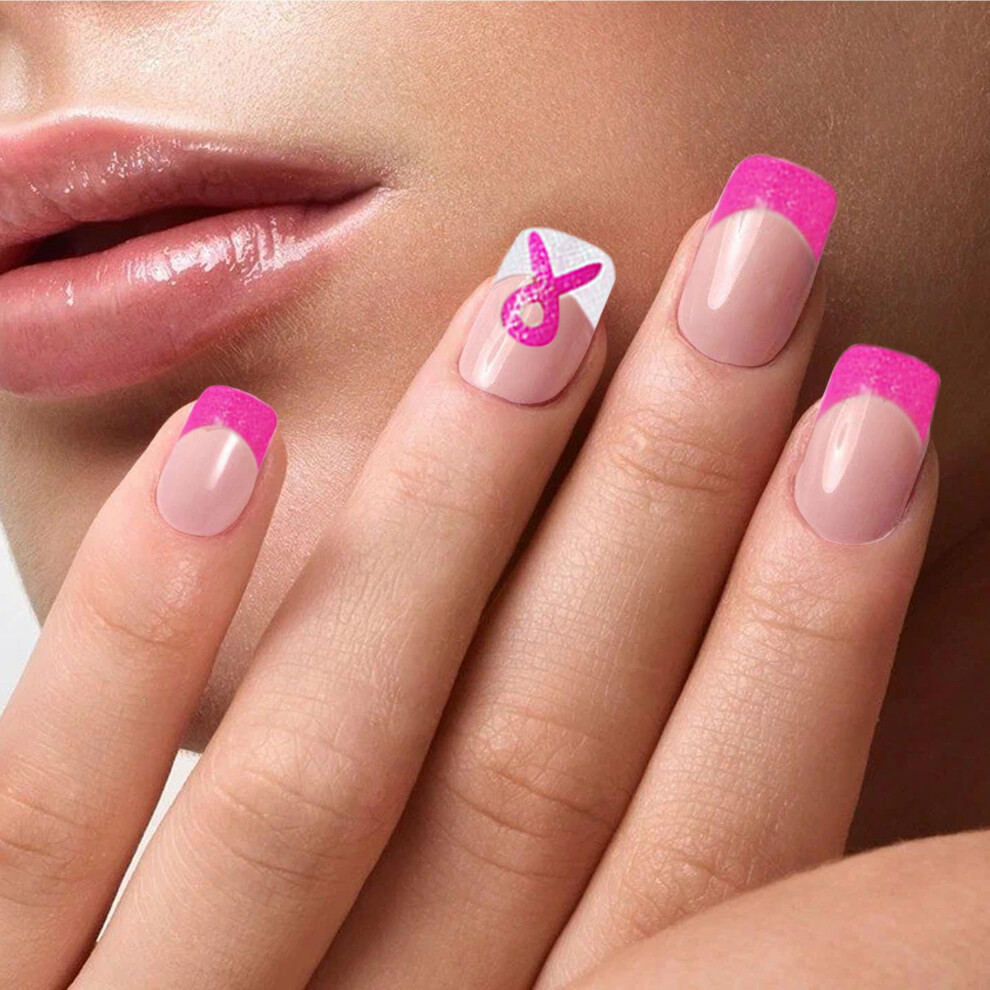 Pink Breast Awareness Press On Nails Short Ribbon Design No Glue 24 Sizes