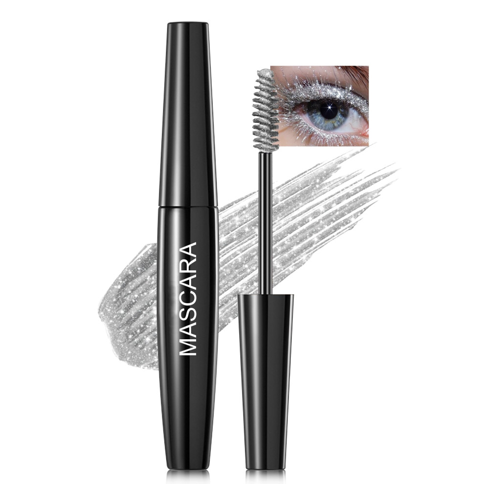 Silver Glitter Mascara Waterproof for Eyelashes and Brows, Long Lasting Volume and Sparkle Curl