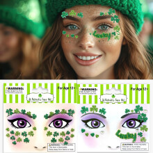 St Patricks Day Face Gems with Shamrock Jewels, SelfAdhesive Green Clover Rhinestones for Women